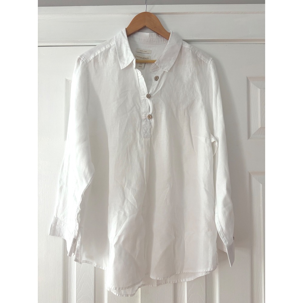 Cynthia Rowley Women 1X White 100% Linen Button Up Tunic Blouse Roll Tab Sleeve